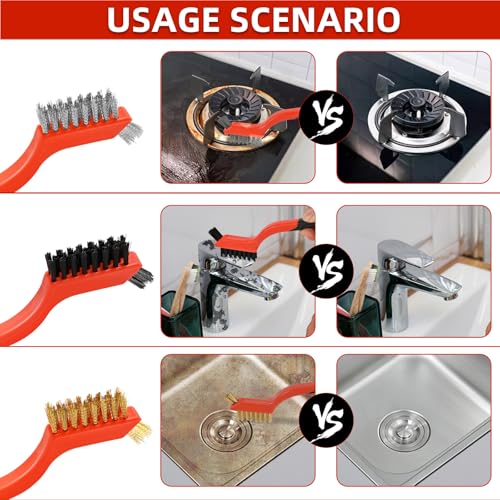 6pcs Wire Brushes for Cleaning Rust, Upgrade Wire Brush Set - Brass/Stainless Steel/Nylon Bristles, Small Metal Wire Brush with Curved Handle Grip, Wire Brushes for Paint and Stain, 7 Inches - style: 6pcs