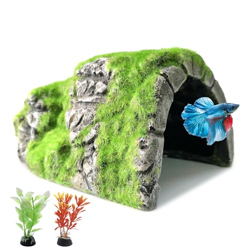 M2cbridge Aquarium Decorations Fish Hideout House Betta Cave with Green Lifelike Moss (Betta Rock Cave) - style: Betta Rock Cave