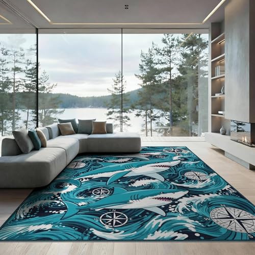 8'x10' Washable Graphic Compass Area Rug, White Foldable Oversized Carpet for Living Room, Under Sectional, Family Room, Non-Slip Flatwoven Floor Covering | Ref:2068650 - color: Blue/Pattern 14, size: 8' x 10' (Rectangular)