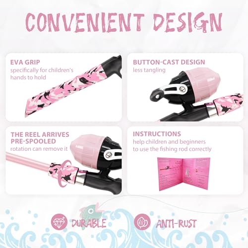 Kids Fishing Pole, Portable Telescopic Kids Fishing Poles for Boys and Girls, Fishing Rod and Reel Combo Kit with Tackle Box, and Fishing Net, Best Fishing Pole for Toddler Youth - color: Light Pink