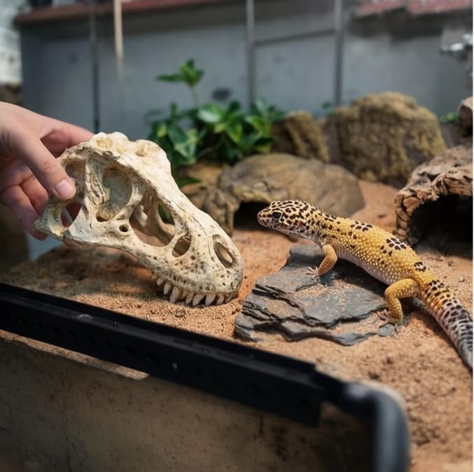 CLEEN T-Rex Skull Reptile Hide - Dinosaur Bone Terrarium Decor for Lizards Snakes Bearded Dragon, Realistic Fossil Cave Aquarium Tank Accessories (Small)