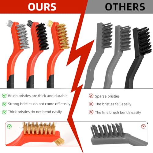 6pcs Wire Brushes for Cleaning Rust, Upgrade Wire Brush Set - Brass/Stainless Steel/Nylon Bristles, Small Metal Wire Brush with Curved Handle Grip, Wire Brushes for Paint and Stain, 7 Inches - style: 6pcs