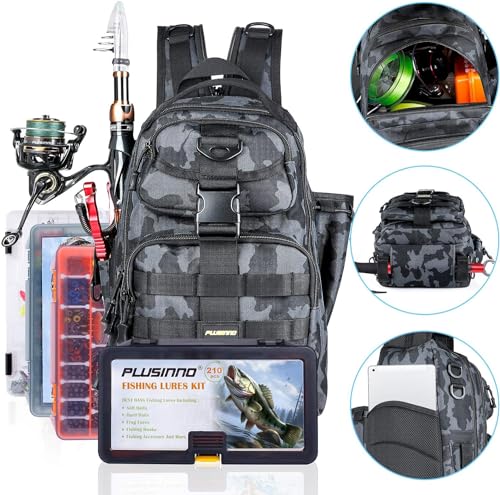 PLUSINNO Fishing Backpack, Fishing Bag, Waterproof Fishing Sling Tackle Bag For Fishing Gear With Rod Holder, Fishing Gifts for Men - color: Single Backpack No Tackle Box