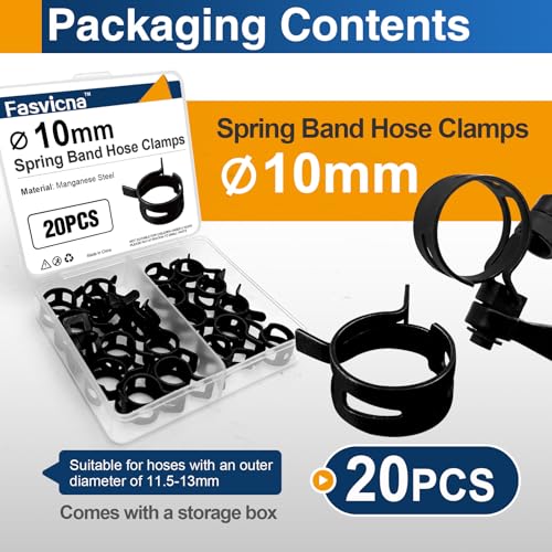 10mm (0.39") Spring Band Hose Clamps, 20 Pack Small Hose Clamps for 9-10.5mm OD Fuel Line, Water Tube, Air Tube & Silicone Hose - size: 10mm