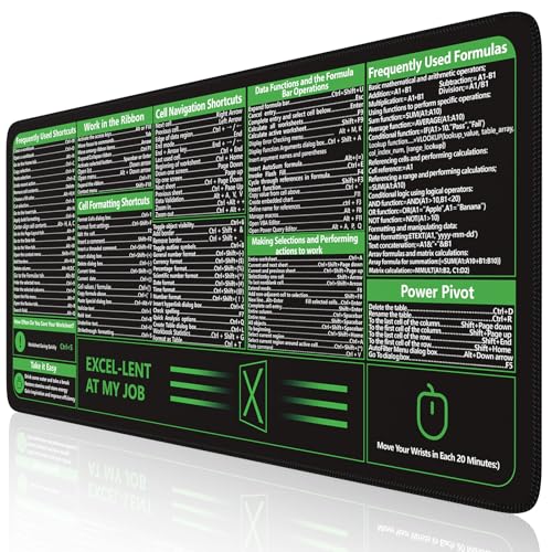 iCasso Excel Cheat Sheet Desk Pad, Excel Mouse Pad Shortcuts, Excell Short Cut Desk Mat, Extended Large XXL Non-Slip Exel Mousepad with Stitched Edges for Computer Keyboard - color: B-black Excel Shortcuts