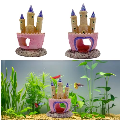 Small Cartoon Aquarium Castle Decor, Mini Cute Pink Castle Hide Cave Hideouts for Small Fishes Shrimp Crab Fish Larvaes Cichlid, Princess Style Castles Statue Birthday Party Table Decor - 11 x 8 cm