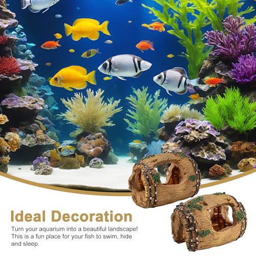 Aquarium Decoration Set with Driftwood Barrel, Coral Plants, Diver Figurine, Brown Green Blue Yellow Red, Resin Plastic, Medium, 5 Pieces