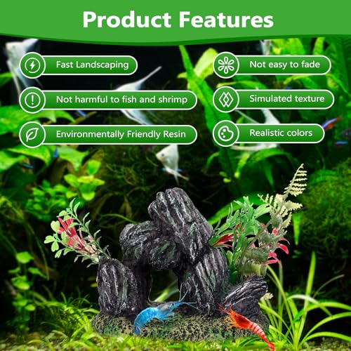 Stone with Plants Aquarium Decoration Resin-Mountain View Stone Ornament with Large Swim-Through Holes-Approx. 6.9" L x 5.1" W x 5.1" H(Stone&Plants) - color: Stone&plants