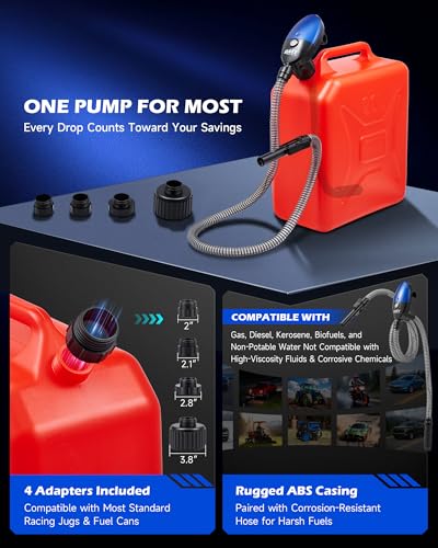 Orion Motor Tech Electric Fuel Transfer Pump with Auto-Shutoff, 3.2GPM Gas Can Pump, 51" Hose, USB-C & AA Battery (NO BATTERIES INCLUDED) Powered, 4 Adapters for Gasoline, Diesel, Kerosene, Blue - color: 3.2GPM Cordless Gas Pump Kit, Blue