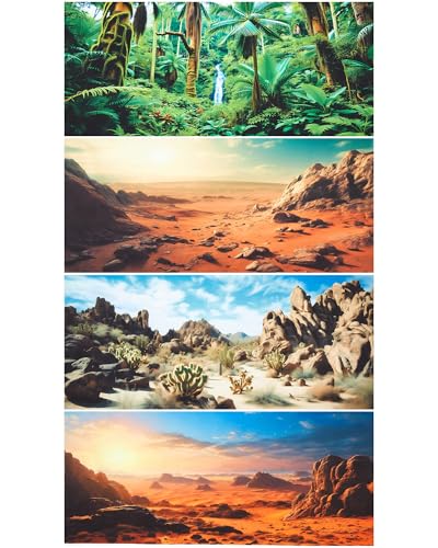 Breling 4 Pcs 24 x 11.8 Inch Reptile Habitat Background with Nano Glue Gobi Sun Cactus Stone and Green Tree Fern Stream Terrarium Background Polyester Durable Aquarium Accessories - color: Style1, size: 24 x 11.8 Inch