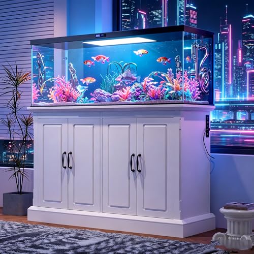 55-75 Gallon Fish Tank Stand with Power Outlet, Heavy Duty Aquarium Stand with 4 Cabinets for Turtle Tank,Reptile Terrarium with Cabinet for Fish Tank Accessories Storage,880LBS Capacity,White - color: White, size: 50.00“L*20.00'W*36.20"H