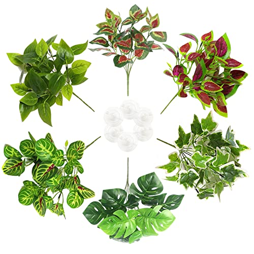 PINVNBY Reptile Terrarium Plants Hanging Artificial Lizards Habitat Climbing Decorations with Suction Cup Pets Tank Fake Green Plastic Ornament for Amphibians Bearded Dragons 6PCS…