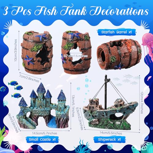 Zeyune 18 Pcs Fish Tank Decorations Artificial Plastic Plants Decoration and Rock Cave Decor Set Aquarium Decor Resin Castle Sunken Ship Starfish Barrel Goldfish Betta Tank Accessories Purple Ornament