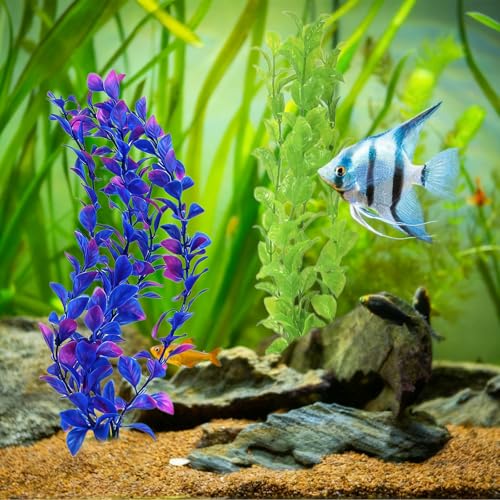 Aquarium Plants Decor,Fish Tank Plants Silk for Artificial Aquarium Plants Plastic Fake,2 Pack Fish Tank Decorations Aquarium Decorations（Green,Purple）