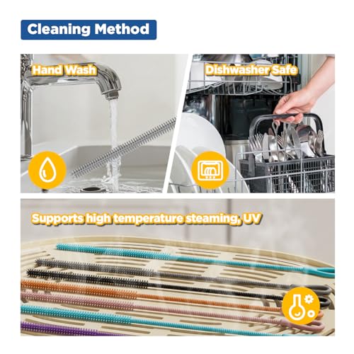 YOTIME Silicone Straw Cleaner Brush, 2Pcs Reusable Straw Brush Extra Long for Cleaning Tumbler with Handle and Glass Metal Smoothie Straws, Non-slip Handle Soft and Bendable, 6mm+9mm, Gray - color: Gray