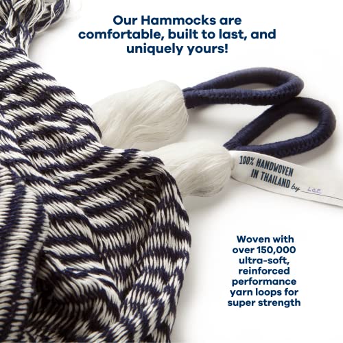 Handwoven Hammock by Yellow Leaf Hammocks - Family Size, Fits 2+ PPL, 550lb max - Weathersafe, Super Strong, Easy to Hang, Ultra Soft, Artisan Made - Color: Stripe Navy Blue - White - color: Vineyard Haven- Navy Blue and White, size: Fits 1-2+ People (550