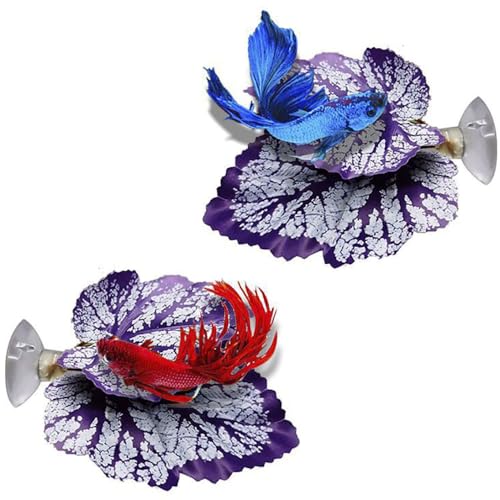 2PCS Purple Betta Fish Leaf Artificial Aquarium Plants Fake Plants Betta Bed Leaf Hammock Beta Fish Leaf Bed Aquarium Purple Plant Leaf Hammock Suction Cup Fish Tank Betta