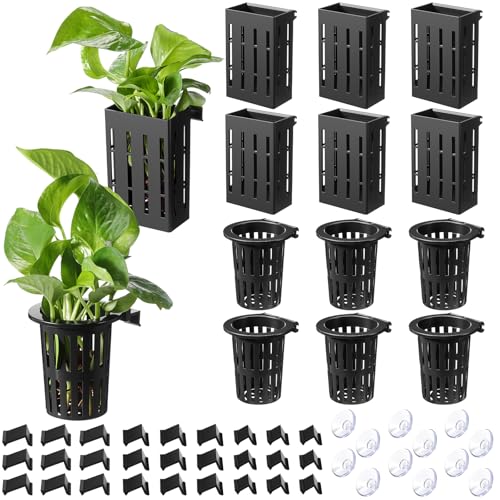 Chunful 12 Set Upgraded Large Aquarium Plant Holder Contain 12 Hanging Aquatic Pot with 72 Hooks and 24 Aquatic Planter Suction Cups for Fish Tank Aquarium Cultivation and Aquascape Decoration (Black) - color: Black