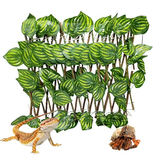 Reptile Hermit Crab Climbing Wall Toys, Bearded Dragon Climb Accessories, 15.75 in Watermelon Leaves Retractable Hedge Fence Background, Gecko Spider Aquarium Tank Decoration with Suction Cups - color: Watermelon Leaves Reptile Climbing Wall
