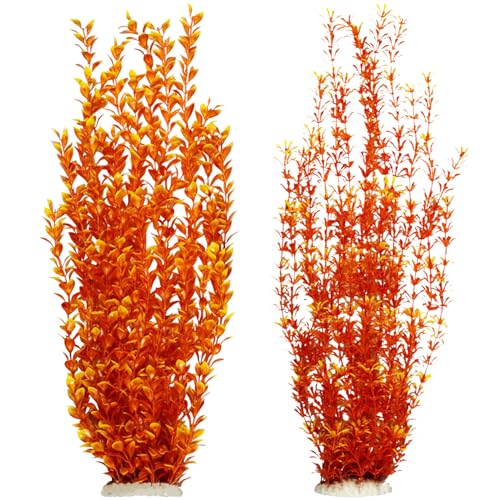 Hamiledyi Aquarium Plastic Plants Aquarium Decor Artificial Fish Tank Plants,Tall Fish Tank Decorations, Extra Large Aquarium Plant 23.6-inch Tall,2PCS（Orange Style A） - color: Orange（style A）