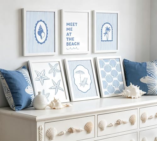 Gschupy Beach Decor Wall Art 6 Piece, Beach Themed Canvas Wall Decor,Meet Me at the Beach Coastal Prints with Blue Stripe, Nautical Wall Art for Coastal Home Bedroom Bathroom Decor 8x10inch unframed - color: Beach Chairs, size: 8x10in
