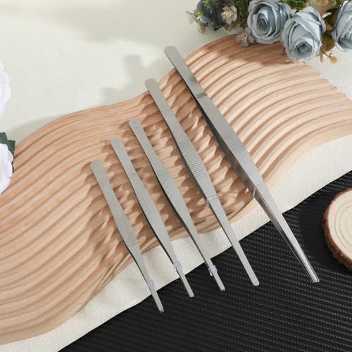 5 Pcs Stainless Steel Tweezers, Long Cooking Tweezers for Crafts with Precision Serrated Straight Tips, Non-slip Kitchen Tweezer for Crafting Baking Tank Aquarium Terrarium (16/17.5/19.5/25/30cm)