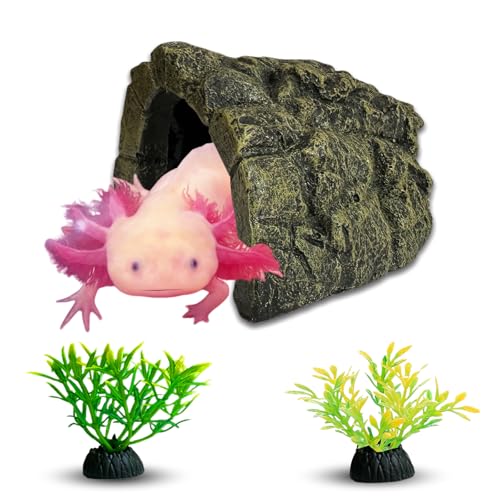 Axolotl Tank Accessories, Aquarium Decor Set with 1 Resin Simulation Rock Cave Hideout and 2 Plastic Artificial Plants, Fish Tank Decorations, Axolotl Tank Decor