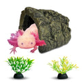 Axolotl Tank Accessories, Aquarium Decor Set with 1 Resin Simulation Rock Cave Hideout and 2 Plastic Artificial Plants, Fish Tank Decorations, Axolotl Tank Decor