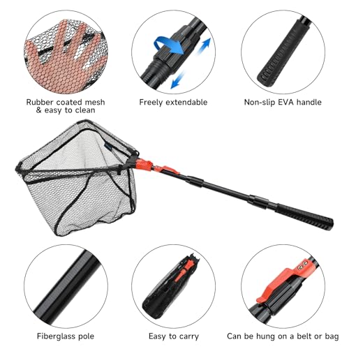 SAN LIKE Fishing Net Fish Landing Net Collapsible Fish Net with Anti-Slip Telescoping Rubber Pole Handle for Kids Adults in Saltwater Freshwater Multi-Size Extending to 37/42/43/51/69/71/89/98inch - color: Orange Fiberglass Pole,Length 30.7" to 43.3"