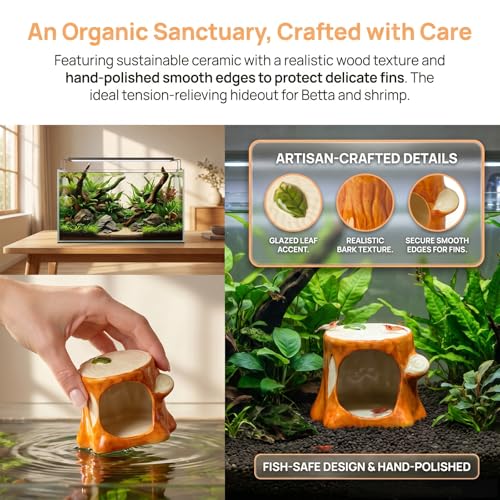 Aquarium Decor Ceramic Tree Stump Aquarium Hideout Cave, Betta Fish Tank Decor Ornament, Hiding & Breeding House for Small Fish, Shrimp, Cichlid, Goldfish & Reptiles