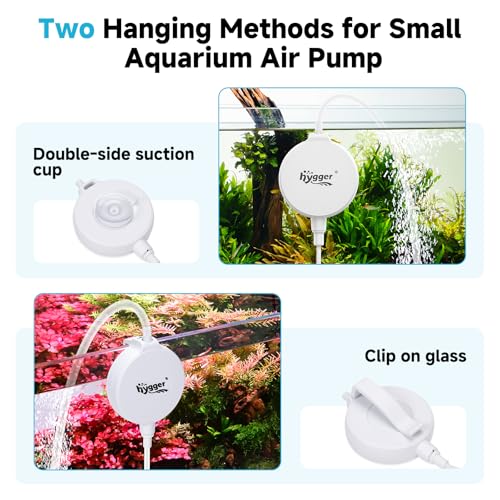 hygger 1.5 Watt Mini Aquarium Air Pump, Quiet Aerator with Air Stone Tubing Suction Cup Clip, Small Fish Tank Bubbler Oxygen Pump for 1 to 15 Gallon Betta Tank, Fish Bowl, Desk Small Tank