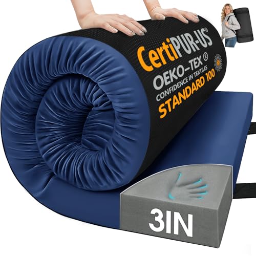 CYMULA 3 Inch Memory Foam Camping Pad, Camping Essentials Roll Up Floor Mat for Car Camping, Cot, Tent, Truck, Travel and Guest Use, Non-Slip Waterproof Bottom, Removable Cover - color: DARK BLUE, size: Twin XL:80*38*3
