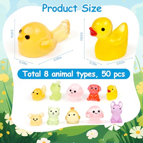 50 PCS Mini Resin Animals Bulk, 8 Style Tiny Resin Animal Figurines Glow in The Dark for Fairy Garden Micro Landscaping Aquarium & DIY Craft Decor - color: Multi-colored Animals