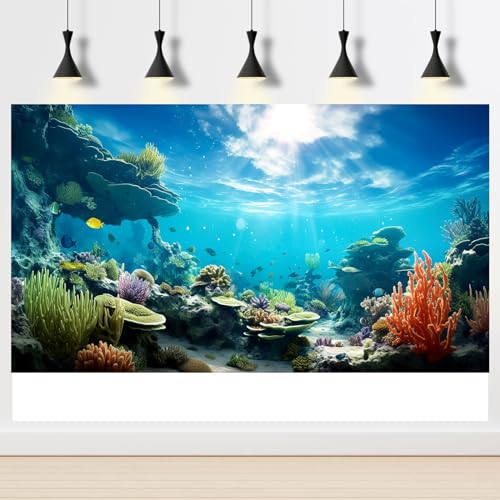 Ocean Floor Fish Tank Background Underwater Coral Reef Stone Aquarium Background Under Water Seaweed Background Cave Sunlight Fish Tank Backdrop Decoration Aquarium Backdrop Durable Vinyl 24x12in - color: Blue_Purple, size: 24(W)x12(H)inches/ 60(W)*30cm(H