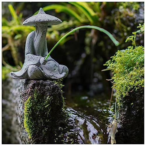 livelyfish Mini Fisherman Statue Asian Zen Decoration Sitting Fishing Figurines Sandstone Vintage Ornament for Aquarium Fish Tank Pot Garden Home Japanese Decor,D - color: Gray