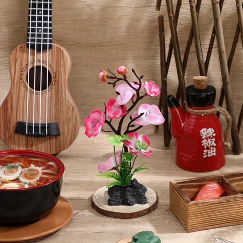 Luxshiny Artificial Cherry Blossom Trees with Base Artificial Fish Tank Plants with Rock Sushi Plate Japanese Restaurant Decor