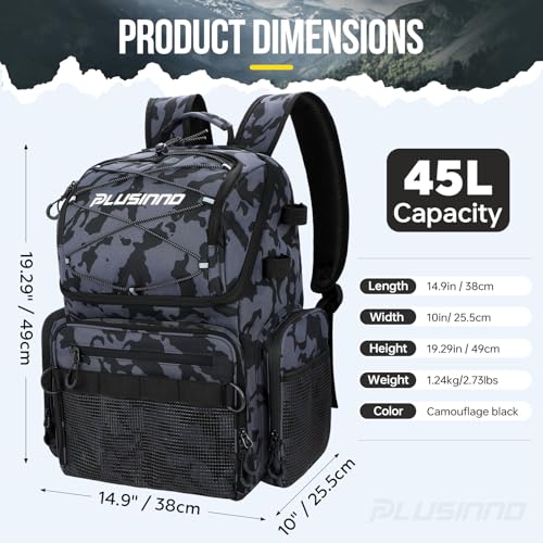 PLUSINNO Cooler Fishing Backpack with Rod Holders 45L Large Water-resistant Fishing Tackle bag Store Fishing Gear Fishing Gifts for Men Father - color: Black Camo