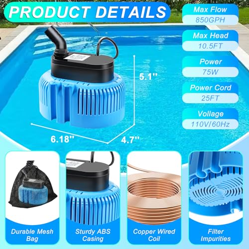 DeeprBetter Above Ground Pool Cover Pump, Submersible Water|Sump Pump for Draining, 850 GPH Blue