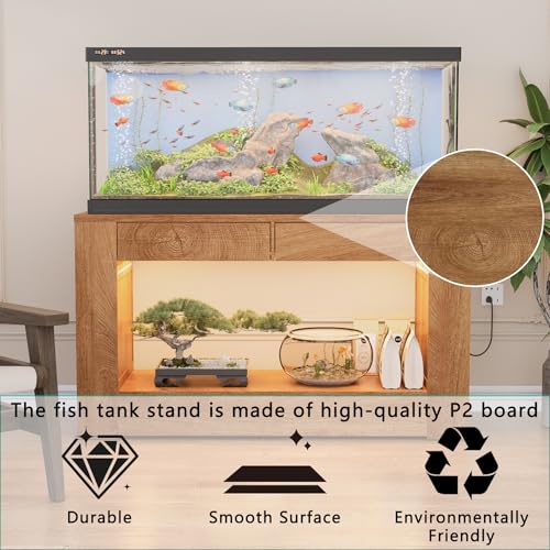 48" Aquarium Stand for 55–75/90 Gallon Tank,Heavy Duty Fish Tank Stand up to 1000 LBS,Aquarium Stand with Power Outlet & LED Light,2-Tier Turtle Reptile Tank Stand with Storage,Natural - color: Natural