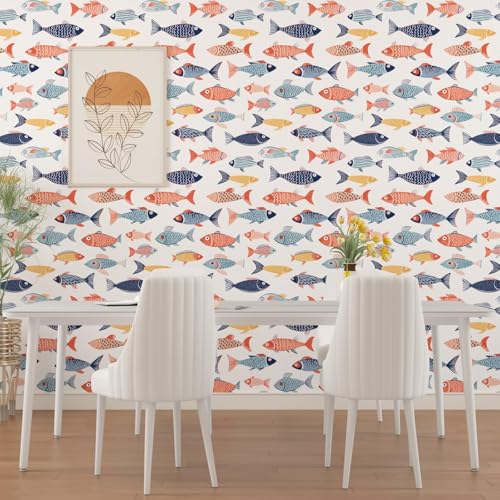 Fish Wallpaper Peel and Stick, Colorful Fishes Contact Paper 17.5" x 393", Blue and Pink Sea Wall Paper Self Adhesive Removable Waterproof for Children's Room Bathroom Shelves Cabinet Table Decor - color: White/Blue/Pink, size: 17.5" x 393.7"