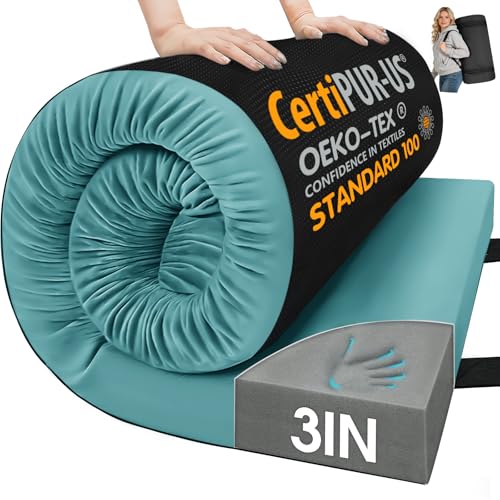 CYMULA 3 Inch Memory Foam Camping Pad, Camping Essentials Roll Up Floor Mat for Car Camping, Cot, Tent, Truck, Travel and Guest Use, Non-Slip Waterproof Bottom, Removable Cover - color: LAKE BLUE, size: Small Cot:63*25*3