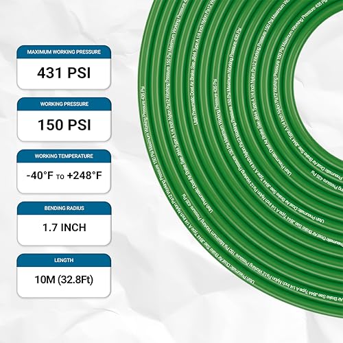 Utah Pneumatic 1/4" Dot Air Line Sae J844 Pa12 Nylon Tubing For Air Suspension, Industrial Automation, Workshop Air Systems, Misting & Fluid Transfer Green - 10 Meters (32.8ft) - color: Green, size: 1/4" x 32.8 Feet