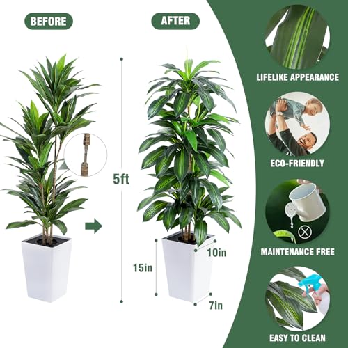 Artificial Dracaena Tree with White Tall Planter, 5ft Tall Potted Artificial Dracaena Silk Plant, Fake Yucca Tree Plant, Home Office Floor Room Decor Plants Indoor Outdoor, Housewarming Gift - color: Dracaena Plant 5ft