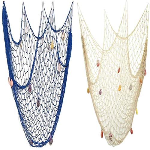 Nature Fish Net Wall Decoration with Shells, Ocean Themed Wall Hangings Fishing Net Party Decor for Pirate Party,Wedding,Photographing Decoration (Fishnet-2pack-Beige & Blue) - color: Blue & Beige