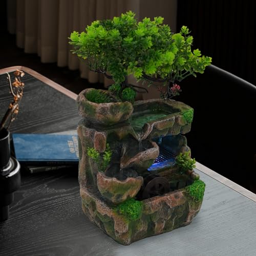 Rockery Water Fountain, Creative Feng Shui Wheel Waterfall with Reliable Circulating Pump and Color-Changing LED Lights, Compact Desktop Decor for Living Room, Office, Bedroom Ambiance - size: E