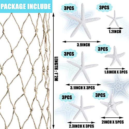 21 Pieces Starfish Ornament Sets Starfish Decor Fish Net Sea Wall Decor Fishnet Nautical Decoration for Crafts Beach Wedding Mermaid Party Under The Sea Party Decorations(White) - color: White