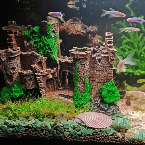Mipukbay Green Aquarium Decor Castle, Resin Fish Tank Decoration Ornament for Freshwater/Saltwater, Safe Landscape Rock Cave Hideout for Betta Fish, Goldfish and Aquatic Pets - size: Castle