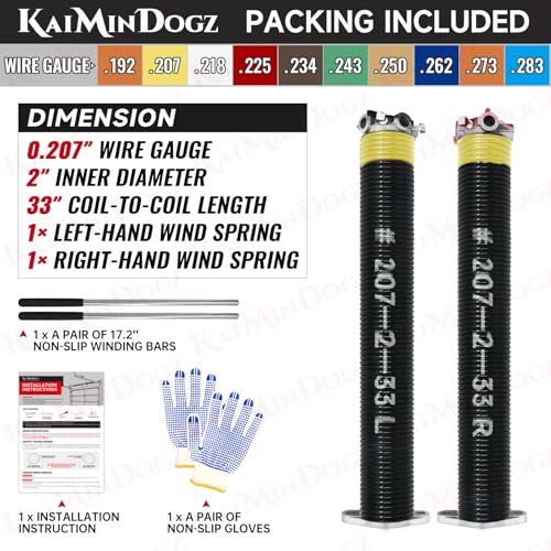 Pair of 2" Garage Door Torsion Springs Set with Non-Slip Winding Bar & Gloves,High Precision Electrophoresis Black Coated, for Replacement & Installation, MIN 16,000 Cycles (0.207x2"x33") - size: 0.207X2"X33"