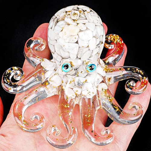 Natural Crystal Gravel Octopus Resin Marine Animals Fish Tank Decorative Ornaments Octopus Statue Healing Crystal Home Decor Ladies Gift 3.93" (White-Turquoise, 3.93") - color: White-turquoise