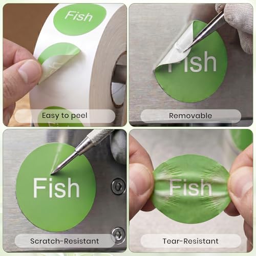 1000 Pcs Fish Food Labels 1 Inch, Vinyl Green Round Food Stickers Waterproof Oil Proof Adhesive Roll for Deli Sandwich Shop Seafood Market Catering Restaurant